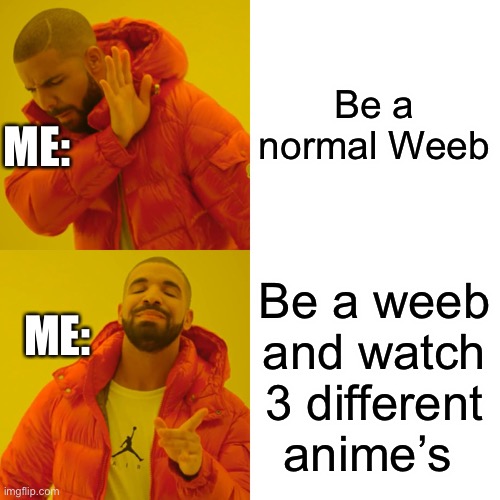 Heh | Be a normal Weeb; ME:; Be a weeb and watch 3 different anime’s; ME: | image tagged in memes,drake hotline bling | made w/ Imgflip meme maker