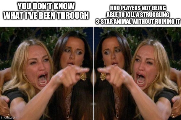 woman yelling at woman | YOU DON'T KNOW WHAT I'VE BEEN THROUGH; RDO PLAYERS NOT BEING ABLE TO KILL A STRUGGLING 3-STAR ANIMAL WITHOUT RUINING IT | image tagged in woman yelling at woman | made w/ Imgflip meme maker