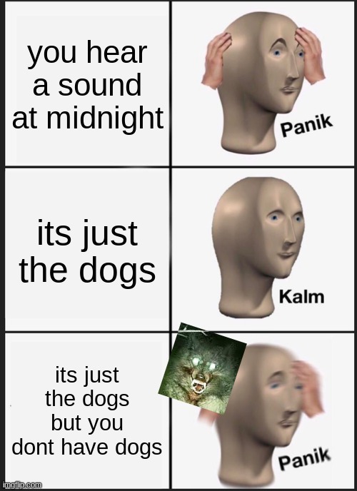 Panik Kalm Panik Meme | you hear a sound at midnight; its just the dogs; its just the dogs but you dont have dogs | image tagged in memes,panik kalm panik | made w/ Imgflip meme maker
