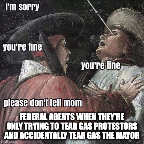 Federal Agents Tear Gas Portland Mayor | FEDERAL AGENTS WHEN THEY'RE ONLY TRYING TO TEAR GAS PROTESTORS AND ACCIDENTALLY TEAR GAS THE MAYOR | image tagged in don't tell mom,protest,portland,tear gas,government,2020 | made w/ Imgflip meme maker