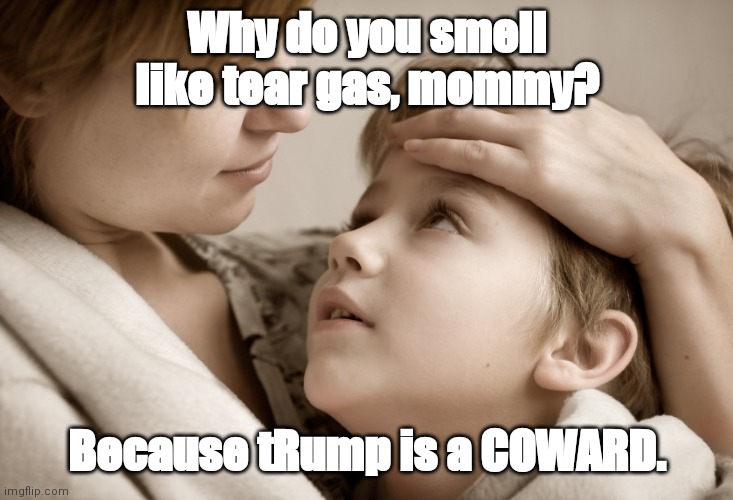 mother and daughter | Why do you smell like tear gas, mommy? Because tRump is a COWARD. | image tagged in mother and daughter | made w/ Imgflip meme maker