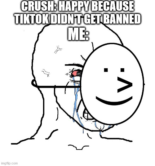FFFFFFFFFFFFFFFFFFFFFFFFFFFFFFFFFFFF | CRUSH: HAPPY BECAUSE TIKTOK DIDN'T GET BANNED; ME: | image tagged in pretending to be happy hiding crying behind a mask | made w/ Imgflip meme maker