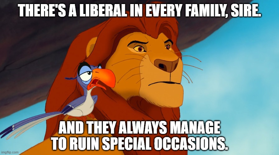 So true. | THERE'S A LIBERAL IN EVERY FAMILY, SIRE. AND THEY ALWAYS MANAGE TO RUIN SPECIAL OCCASIONS. | image tagged in lion king,memes,liberals | made w/ Imgflip meme maker