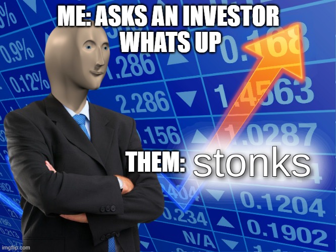 stonks | ME: ASKS AN INVESTOR
 WHATS UP; THEM: | image tagged in stonks | made w/ Imgflip meme maker