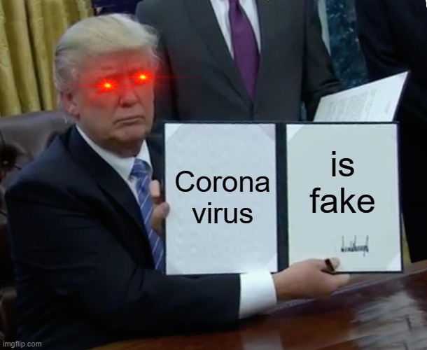 Trump | Corona virus; is fake | image tagged in memes,trump bill signing | made w/ Imgflip meme maker