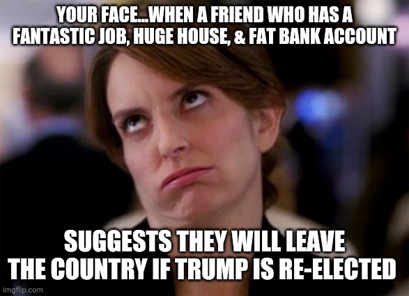 Come on, where are the loudmouths who will move to peaceful Mexico or tropical Canada if Trump thumps Biden? | YOUR FACE...WHEN A FRIEND WHO HAS A FANTASTIC JOB, HUGE HOUSE, & FAT BANK ACCOUNT; SUGGESTS THEY WILL LEAVE THE COUNTRY IF TRUMP IS RE-ELECTED | image tagged in eye roll,donald trump | made w/ Imgflip meme maker