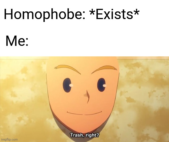 Number One Thing I Can't Stand: Homophobes | Homophobe: *Exists*; Me: | image tagged in trash right,homophobe,lgbtq,anime,memes | made w/ Imgflip meme maker
