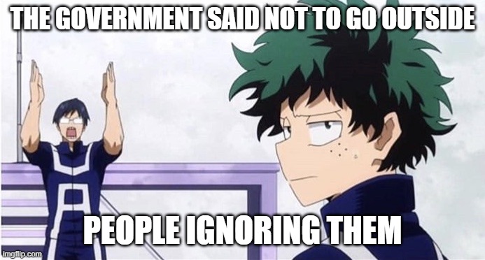 Deku Ignoring Iida | THE GOVERNMENT SAID NOT TO GO OUTSIDE; PEOPLE IGNORING THEM | image tagged in deku ignoring iida | made w/ Imgflip meme maker