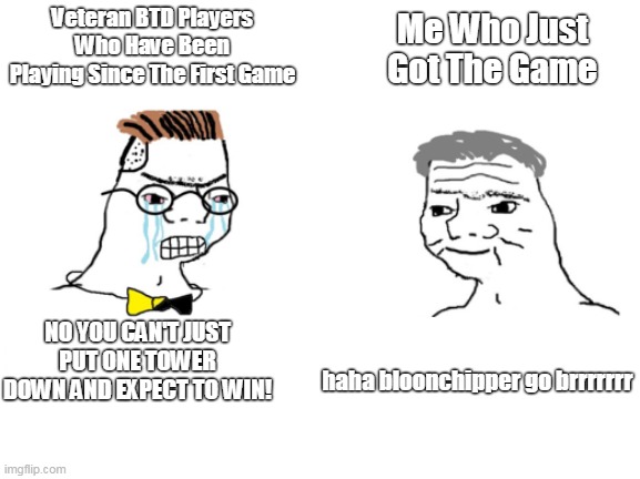 BloonChipper Way Too Op | Veteran BTD Players Who Have Been Playing Since The First Game; Me Who Just Got The Game; NO YOU CAN'T JUST PUT ONE TOWER DOWN AND EXPECT TO WIN! haha bloonchipper go brrrrrrr | image tagged in gaming,memes | made w/ Imgflip meme maker