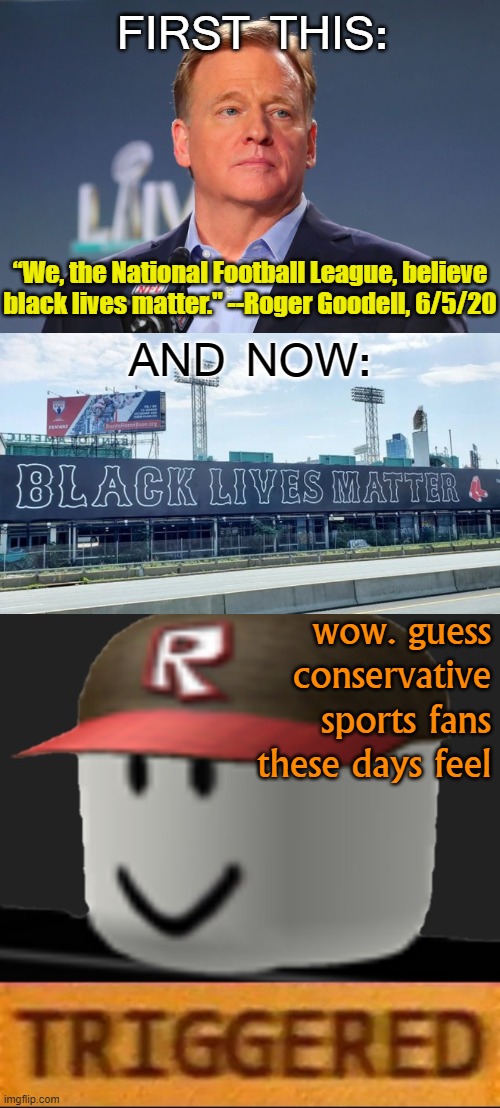 With many cherished American institutions backing BLM, it's no wonder righties come crawling to ImgFlip searching for agreement | FIRST THIS:; “We, the National Football League, believe black lives matter." --Roger Goodell, 6/5/20; AND NOW:; wow. guess conservative sports fans these days feel | image tagged in roblox triggered,red sox black lives matter,roger goodell black lives matter,blm,black lives matter,sports fans | made w/ Imgflip meme maker