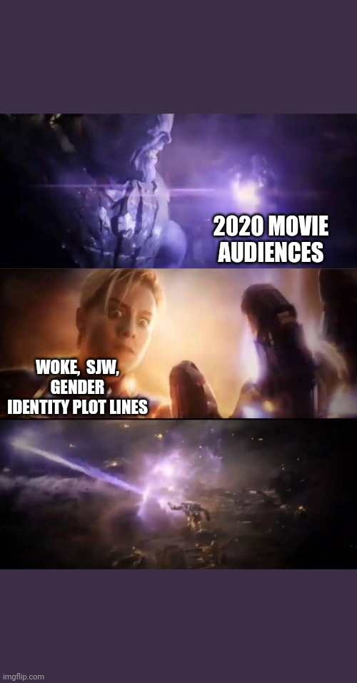 Don't worry, the identity politics scripts that are making movies dull and obnoxiously inclusive won't last forever. | 2020 MOVIE AUDIENCES; WOKE,  SJW, GENDER IDENTITY PLOT LINES | image tagged in thanos vs captain marvel,sjw | made w/ Imgflip meme maker