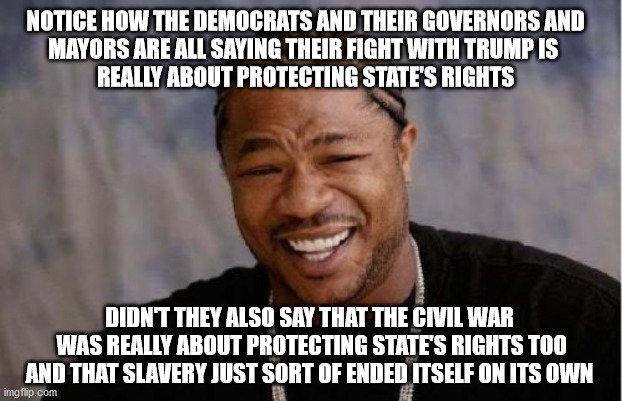 We've heard that before | NOTICE HOW THE DEMOCRATS AND THEIR GOVERNORS AND
MAYORS ARE ALL SAYING THEIR FIGHT WITH TRUMP IS 
REALLY ABOUT PROTECTING STATE'S RIGHTS; DIDN'T THEY ALSO SAY THAT THE CIVIL WAR
 WAS REALLY ABOUT PROTECTING STATE'S RIGHTS TOO
AND THAT SLAVERY JUST SORT OF ENDED ITSELF ON ITS OWN | image tagged in memes,yo dawg heard you,state's rights | made w/ Imgflip meme maker