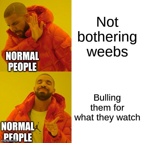 Drake Hotline Bling | Not bothering weebs; NORMAL PEOPLE; Bulling them for what they watch; NORMAL PEOPLE | image tagged in memes,drake hotline bling | made w/ Imgflip meme maker