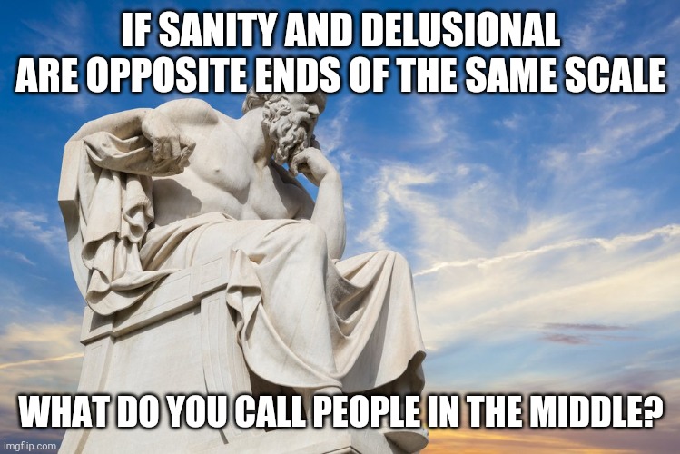 Philosophy | IF SANITY AND DELUSIONAL ARE OPPOSITE ENDS OF THE SAME SCALE; WHAT DO YOU CALL PEOPLE IN THE MIDDLE? | image tagged in philosophy,insanity,normal | made w/ Imgflip meme maker