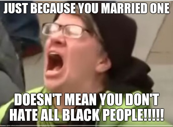 Screaming Liberal | JUST BECAUSE YOU MARRIED ONE DOESN'T MEAN YOU DON'T HATE ALL BLACK PEOPLE!!!!! | image tagged in screaming liberal | made w/ Imgflip meme maker