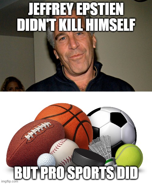 No more | JEFFREY EPSTIEN DIDN'T KILL HIMSELF; BUT PRO SPORTS DID | image tagged in sports,jeffrey epstein | made w/ Imgflip meme maker