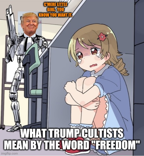 Exactly where trump wants us | C'MERE LITTLE GIRL.  YOU KNOW YOU WANT IT. WHAT TRUMP CULTISTS MEAN BY THE WORD "FREEDOM" | image tagged in freedom in murica,threats,evil government,oppression,it's that obvious,fascists | made w/ Imgflip meme maker