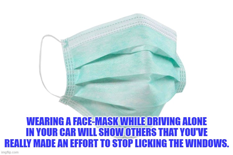 Face mask |  WEARING A FACE-MASK WHILE DRIVING ALONE IN YOUR CAR WILL SHOW OTHERS THAT YOU'VE REALLY MADE AN EFFORT TO STOP LICKING THE WINDOWS. | image tagged in face mask | made w/ Imgflip meme maker
