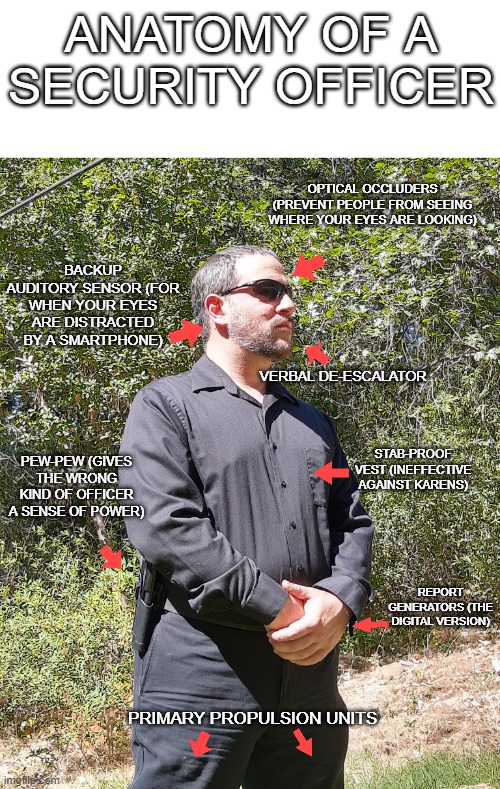 Anatomy of a security officer | ANATOMY OF A SECURITY OFFICER; OPTICAL OCCLUDERS (PREVENT PEOPLE FROM SEEING WHERE YOUR EYES ARE LOOKING); BACKUP AUDITORY SENSOR (FOR WHEN YOUR EYES ARE DISTRACTED BY A SMARTPHONE); VERBAL DE-ESCALATOR; PEW-PEW (GIVES THE WRONG KIND OF OFFICER A SENSE OF POWER); STAB-PROOF VEST (INEFFECTIVE AGAINST KARENS); REPORT GENERATORS (THE DIGITAL VERSION); PRIMARY PROPULSION UNITS | image tagged in security | made w/ Imgflip meme maker