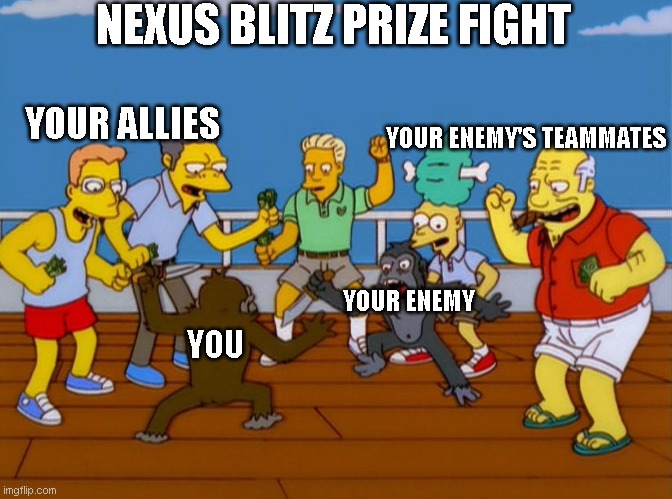 Simpsons Monkey Fight | NEXUS BLITZ PRIZE FIGHT; YOUR ALLIES; YOUR ENEMY'S TEAMMATES; YOUR ENEMY; YOU | image tagged in simpsons monkey fight | made w/ Imgflip meme maker