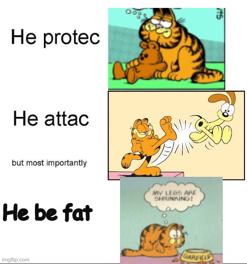 Garfield | He be fat | image tagged in he protecc,garfield | made w/ Imgflip meme maker