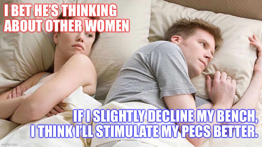 For all y’all lifters out der | I BET HE’S THINKING 
ABOUT OTHER WOMEN; IF I SLIGHTLY DECLINE MY BENCH,
I THINK I’LL STIMULATE MY PECS BETTER. | image tagged in i bet he's thinking about other women | made w/ Imgflip meme maker