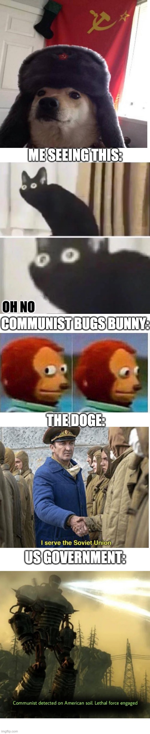 Why did no one tell me | ME SEEING THIS:; OH NO; COMMUNIST BUGS BUNNY:; THE DOGE:; US GOVERNMENT: | image tagged in plain white tall | made w/ Imgflip meme maker