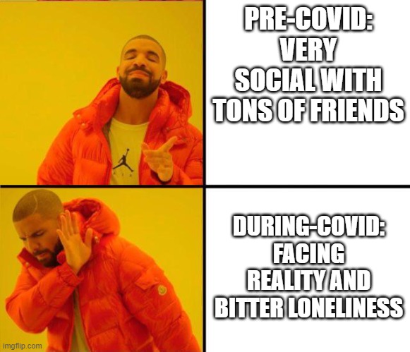 reverse drake | PRE-COVID: VERY SOCIAL WITH TONS OF FRIENDS; DURING-COVID: FACING REALITY AND BITTER LONELINESS | image tagged in reverse drake | made w/ Imgflip meme maker