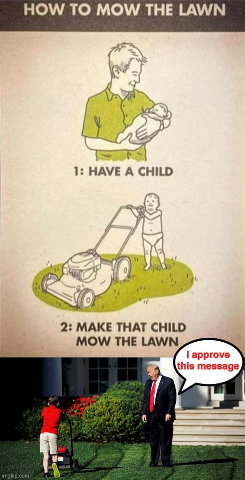 I approve this message | image tagged in trump-kid-mowing,smart,memes,funny | made w/ Imgflip meme maker