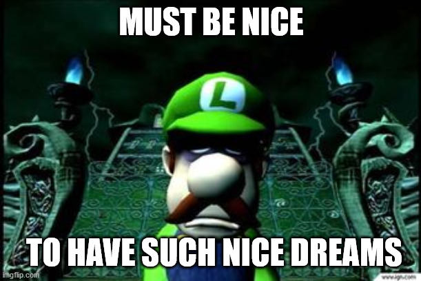 Depressed Luigi | MUST BE NICE TO HAVE SUCH NICE DREAMS | image tagged in depressed luigi | made w/ Imgflip meme maker
