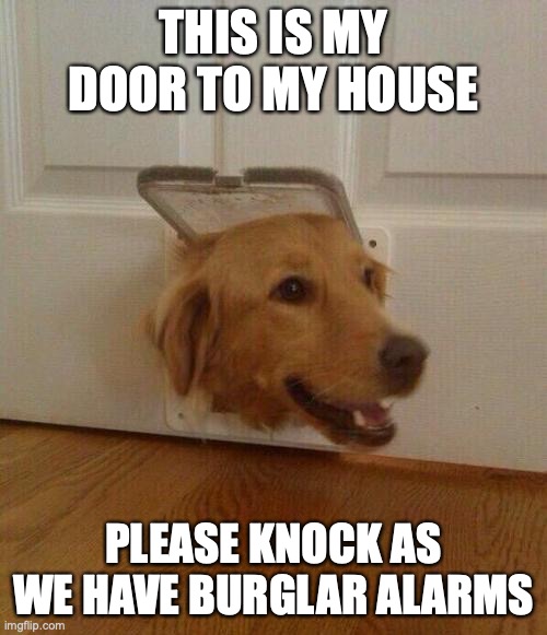 Welcome... don't come in... | THIS IS MY DOOR TO MY HOUSE; PLEASE KNOCK AS WE HAVE BURGLAR ALARMS | image tagged in dog door,my house,is bigger on the inside,i have a swimming pool,and more,hahahahaha | made w/ Imgflip meme maker