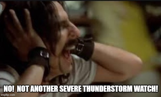 screaming Alice Cooper severe thunderstorm watch | NO!  NOT ANOTHER SEVERE THUNDERSTORM WATCH! | image tagged in screaming alice cooper,severe thunderstorm watch | made w/ Imgflip meme maker