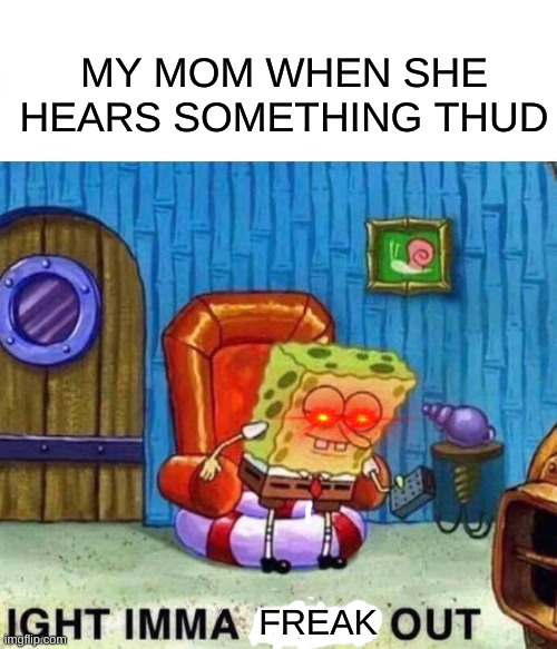 moms worry too much | MY MOM WHEN SHE HEARS SOMETHING THUD; FREAK | image tagged in memes,spongebob ight imma head out | made w/ Imgflip meme maker