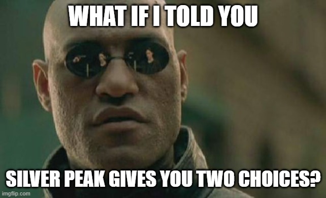 SP Morpheus gives its customers two choices | WHAT IF I TOLD YOU; SILVER PEAK GIVES YOU TWO CHOICES? | image tagged in memes,matrix morpheus | made w/ Imgflip meme maker