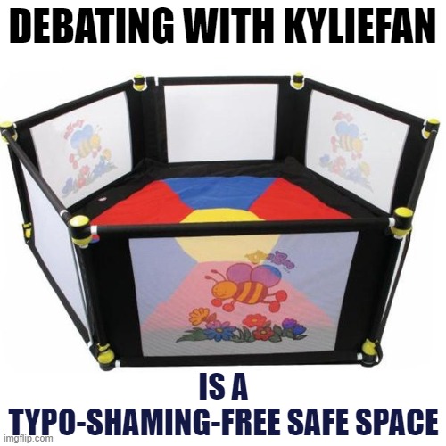 I'm not the kind to jump all over your typos unless perhaps it creates an especially hilarious/ironic meaning. | DEBATING WITH KYLIEFAN; IS A TYPO-SHAMING-FREE SAFE SPACE | image tagged in safe space,debate,debates,politics lol,typo,typos | made w/ Imgflip meme maker