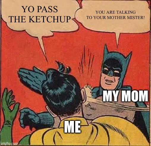 Batman Slapping Robin | YO PASS THE KETCHUP; YOU ARE TALKING TO YOUR MOTHER MISTER! MY MOM; ME | image tagged in memes,batman slapping robin | made w/ Imgflip meme maker