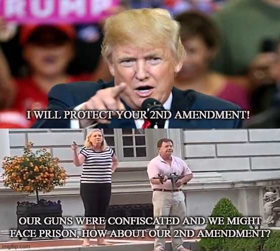 The Right to Self Defense | I WILL PROTECT YOUR 2ND AMENDMENT! OUR GUNS WERE CONFISCATED AND WE MIGHT FACE PRISON, HOW ABOUT OUR 2ND AMENDMENT? | image tagged in mccloskey,trump,2nd amendment,self defense,us constitution,rioters | made w/ Imgflip meme maker