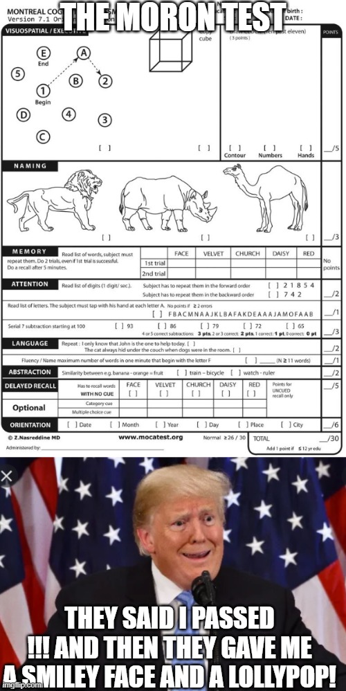 MORON  (MOntreal Retardation & Obfuscated Neurodegeneration) Test | THE MORON TEST; THEY SAID I PASSED !!! AND THEN THEY GAVE ME A SMILEY FACE AND A LOLLYPOP! | image tagged in trump,moron,idiot,imbecile,test | made w/ Imgflip meme maker