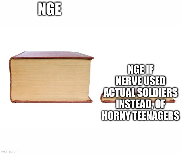 thick book thin book | NGE; NGE IF NERVE USED ACTUAL SOLDIERS INSTEAD, OF HORNY TEENAGERS | image tagged in thick book thin book,evangelionmemes | made w/ Imgflip meme maker