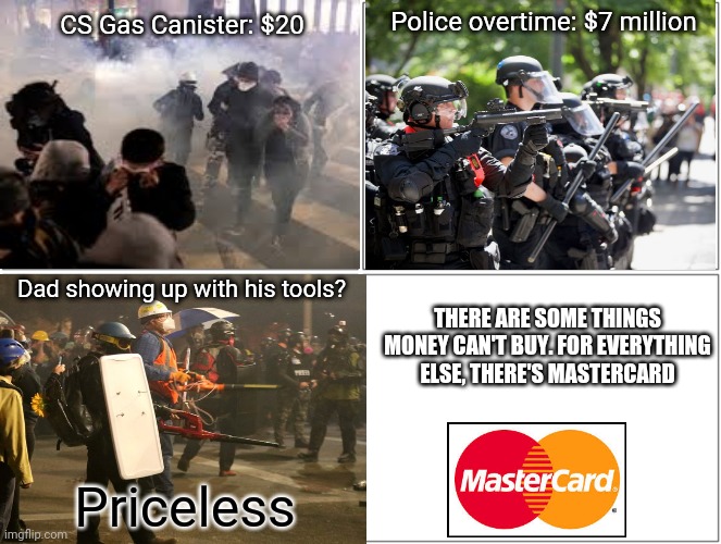 Portland | Police overtime: $7 million; CS Gas Canister: $20; Dad showing up with his tools? THERE ARE SOME THINGS MONEY CAN'T BUY. FOR EVERYTHING ELSE, THERE'S MASTERCARD; Priceless | image tagged in memes,blank comic panel 2x2 | made w/ Imgflip meme maker