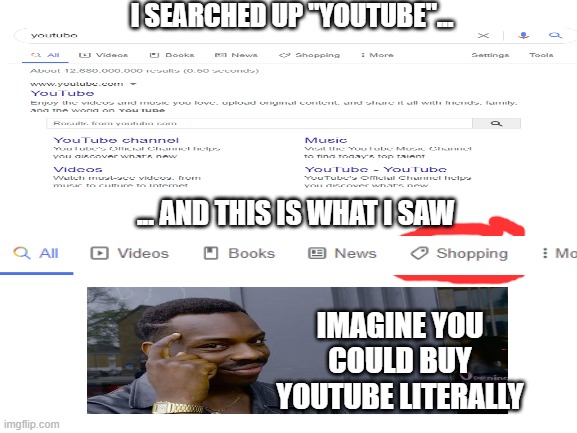 Blank White Template | I SEARCHED UP "YOUTUBE"... ... AND THIS IS WHAT I SAW; IMAGINE YOU COULD BUY YOUTUBE LITERALLY | image tagged in blank white template | made w/ Imgflip meme maker