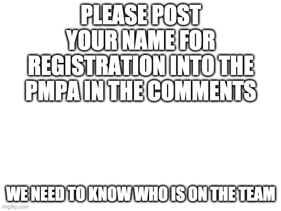 Everyone on the team | PLEASE POST YOUR NAME FOR REGISTRATION INTO THE PMPA IN THE COMMENTS; WE NEED TO KNOW WHO IS ON THE TEAM | image tagged in blank white template | made w/ Imgflip meme maker