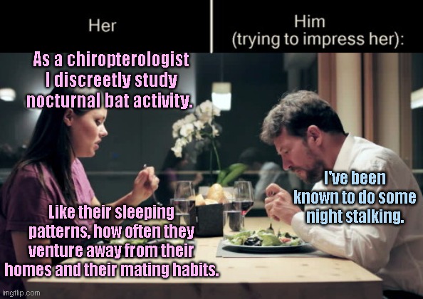 Impress Her Guy | As a chiropterologist I discreetly study nocturnal bat activity. I've been known to do some night stalking. Like their sleeping patterns, how often they venture away from their homes and their mating habits. | image tagged in impress her guy template,dating,couple talking,epic fail,humor | made w/ Imgflip meme maker