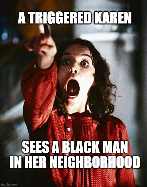 triggered karen | A TRIGGERED KAREN; SEES A BLACK MAN IN HER NEIGHBORHOOD | image tagged in funny | made w/ Imgflip meme maker