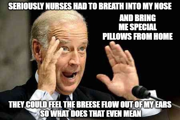 Biden recalls his time in mental rehab | SERIOUSLY NURSES HAD TO BREATH INTO MY NOSE; AND BRING ME SPECIAL PILLOWS FROM HOME; THEY COULD FEEL THE BREESE FLOW OUT OF MY EARS 
SO WHAT DOES THAT EVEN MEAN | image tagged in biden,fun,funny,memes,funny memes,2020 | made w/ Imgflip meme maker