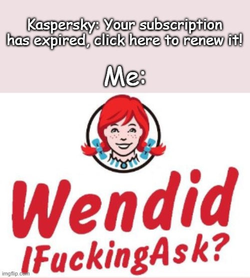 yeah, shuddup kasper!! | Kaspersky: Your subscription has expired, click here to renew it! Me: | image tagged in wendid ifuckingask | made w/ Imgflip meme maker