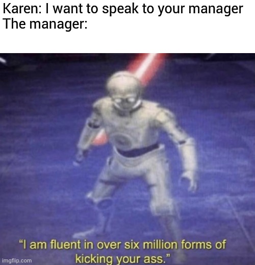 Managers be like | Karen: I want to speak to your manager
The manager: | image tagged in i am fluent in over six million forms of kicking your ass | made w/ Imgflip meme maker