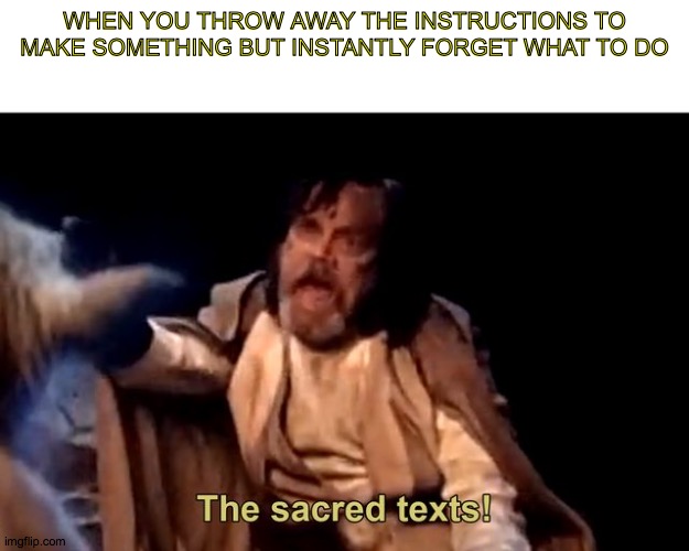 the sacred texts | WHEN YOU THROW AWAY THE INSTRUCTIONS TO MAKE SOMETHING BUT INSTANTLY FORGET WHAT TO DO | image tagged in the sacred texts | made w/ Imgflip meme maker