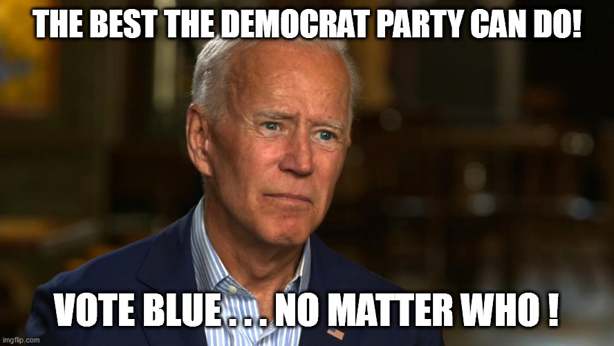The party that prides themselves on being the 'lesser of two evils' choice wants you to believe that desperate times require eve | THE BEST THE DEMOCRAT PARTY CAN DO! VOTE BLUE . . . NO MATTER WHO ! | image tagged in biden,senility,leftists | made w/ Imgflip meme maker