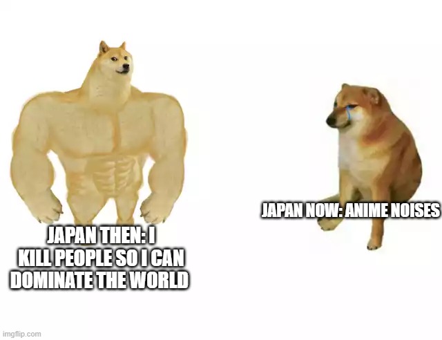 Buff Doge vs. Cheems Meme | JAPAN NOW: ANIME NOISES; JAPAN THEN: I KILL PEOPLE SO I CAN DOMINATE THE WORLD | image tagged in buff doge vs cheems | made w/ Imgflip meme maker